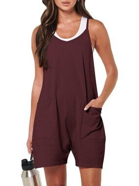 Women's Burgundy Summer Casual Loose Sleeveless Overall Spaghetti Strap Romper